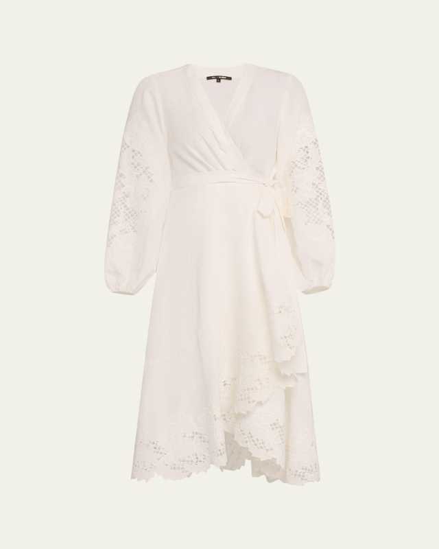 Sigal Embroidered Lace-Inset Midi Wrap Dress
